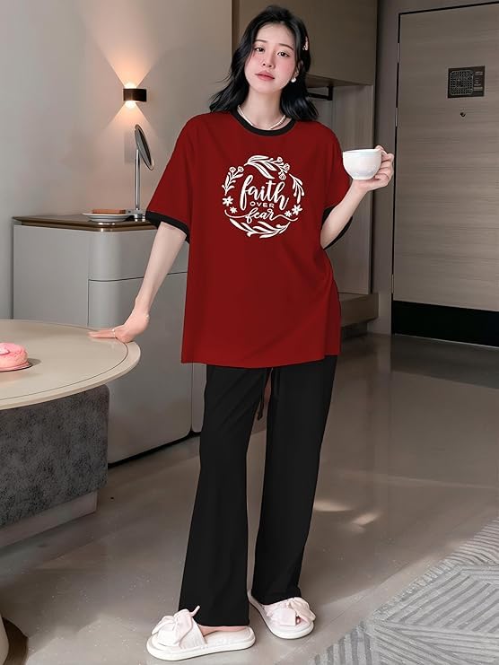 Image of KSHS Printed Round Neck Short Sleeve Nightsuit Set | Pajama Set | Casual Night Dress for Women