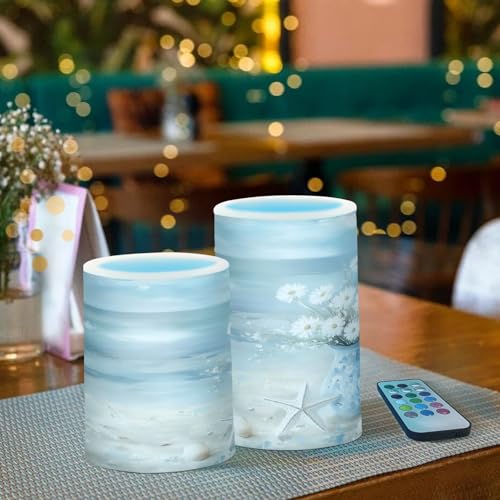 Image of Ocean Beach Seascape Vase Starfish Shell Flickering Flameless Candles LED Battery Operated with Remote Timer Pillar Candles for Home Birthday Wedding Christmas Decor, Set of 2