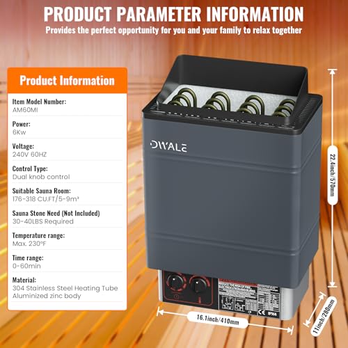 DWALE Sauna Heater, 6KW 240V Sauna Heater Stove, Electric Sauna Stovewith Built-in Controls,Suitable Sauna Room 176-318 Cubic Feet for Bath Sauna Room Spa Shower Bath Sauna - Thumbnail 7