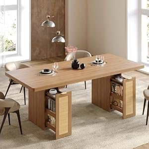 LIKIMIO 78.7″ Farmhouse Dining Table for 6-8 People, Extra Thick Wood Top with 2 Hidden Adjustable Storage Drawers, Modern Woven Rattan Table for Dining Room, Kitchen, Living Room, Rustic White