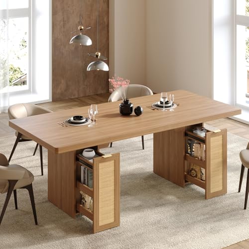 LIKIMIO 78.7" Farmhouse Dining Table for 6-8 People, Extra Thick Wood Top with 2 Hidden Adjustable Storage Drawers, Modern Woven Rattan Table for Dining Room, Kitchen, Living Room, Rustic White