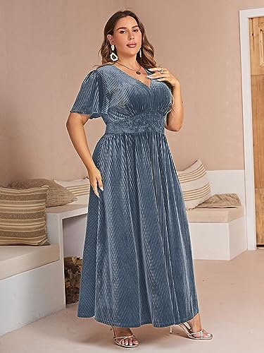 Image of Simplee Women's V Neck Velvet Maxi Dress Short Sleeve Empire Waist Long Formal Dress for Wedding Guest