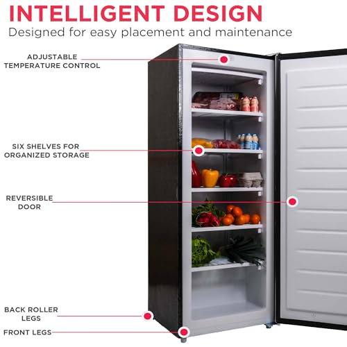 Frigidaire Upright Freezer, 6.5 cu. ft., Deep Freeze, Vinyl Coated Metal with Wire Shelving, Compact for Kitchen, RV, Dorm, Cabin, and Trailer, Platinum Design Series, Silver - 21D x 23W x 56H