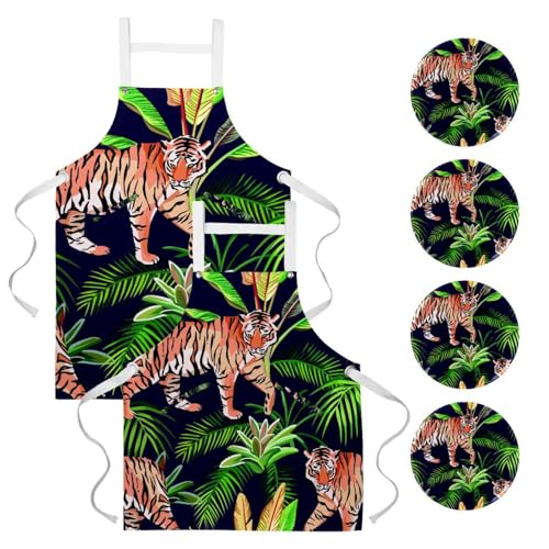 Lot de 2 tabliers de cuisine avec 4 broches motif tigres et plantes taille One Large