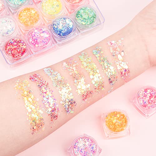 Glow In The Dark Body Face Glitter Gel, 12 Colors Luminous Iridescent Chunky Glitter, Self-Adhesive Uv Black Light Glitter For Body/Face/Hair/Eyeshadow, Glitter For Carnival Party Halloween Makeup #TOP3