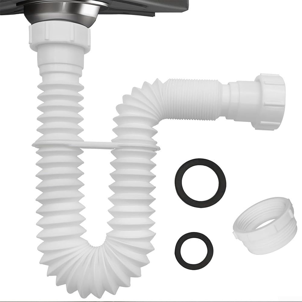 SPORTARC Flexible Sink Drain Pipe Kit, 1-1/2" & 1-1/4" P-trap With Adapter, White, Plastic, HARDWARE_TUBING, 1 Pack - Image 2