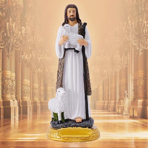 Figurine de bon berger en sculpture religieuse aux détails soignés