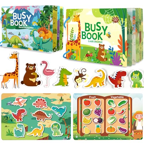 Guopai Libro Montessori Interattivo per Bambini – Busy Book & Quiet Book 1 2 Anni, Gioco Educativo Cartaceo con Animali, Veicoli, Cibi, Puzzle e attività Sensoriali da Viaggio