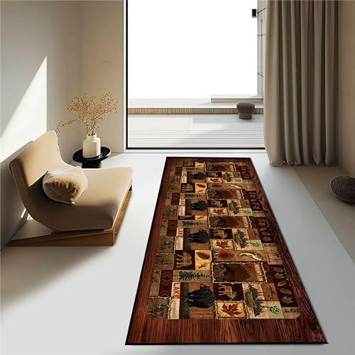 Srocvi Cabin Collection Runner Rug Retro Southwestern Nature Landscape and Wildlifes Long Rugs Geometric Stitching Carpets Bordered by Wooden Barn for Hallway Yoga Room Laundry Entrance, 2x8ft