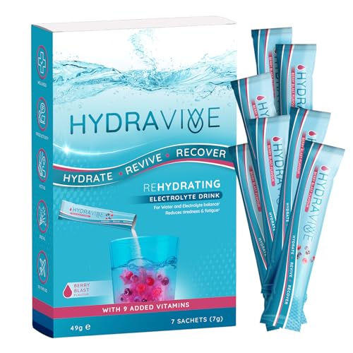 Hydravive Rehydration Electrolytes Powder - High Strength Vitamin C and All 8 B Vitamins: B1 B3 B5 B12 Supplement Sachet Drink - Effervescent Electrolyte Hydration Tablets - 7 Pack Berry Blast
