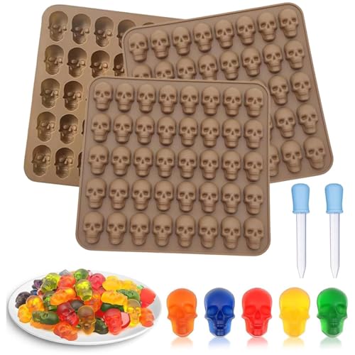 JOYOLA 3PCS Halloween Skull Silicone Mould - Food Grade 40 Small Skulls Gummy Mould for Candy Chocolate Jelly Cookie Baking - Reusable Non-Stick Kitchen DIY Candy Melts Wax