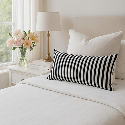 WWW.THROWPILLOW.IN Black and White Striped Cushion Cover, Premium Decor Fabric, Smooth Black and White Pattern, Modern Cushion, Minimalist Sofa Accent Pillowcase Rectangular Cushion 14x20 Inches