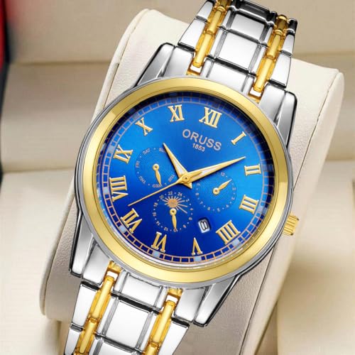 Image of ORUSS Men's Analog Quartz Watch with Stainless Steel Band, Waterproof, Date Display, Two-Tone Casual Wristwatch