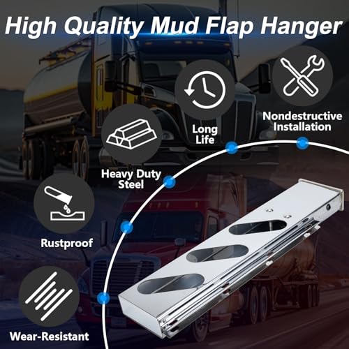 Image of Stainless Steel Mud Flap Hanger Set with Oval Light Cutouts 2-1 /2 inch Bolt Spacing 30 inch Length Rear Bar for Semi Trucks, 2.5 inch Bolt Spring Loaded with Aluminum Reflective Tapes