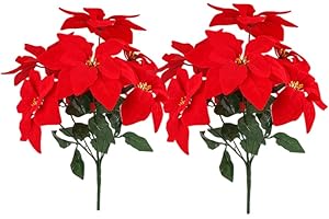 2 Bouquet Artificial Christmas Flowers Red Poinsettia Faux Silk Plants Bushes