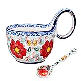 silesia Handmade Loop Handle Soup Bowl with Spoon, Ceramic Hand-Painted Cereal Bowl Great for Soup, Ice cream...