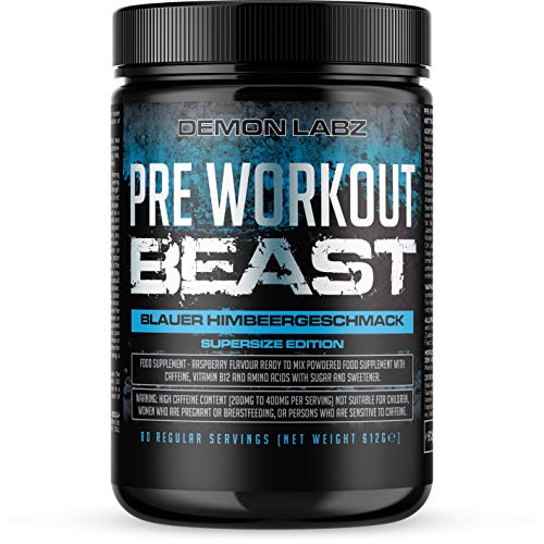 Pre Workout Beast - Pre Workout Booster mit Vitamin B12, was zur Verringerung von Müdigkeit & Ermüdung beiträgt - Mit Koffein, Beta Alanin und Glutamin (Blauer Himbeergeschmack - 612g)