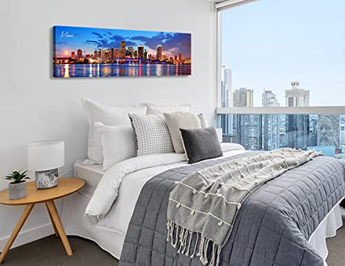Image of Office Wall Decor Miami Skyline Wall Art Panoramic Cityscape Picture Modern USA City Night View Canvas Prints for Bedroom Living Room Home Decoration Stretched and Framed Ready to Hang 13.8 inchx45.3 inch