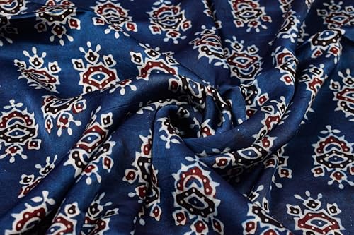 Image of Ethnics of Kutch Women's Ajrakh Modal Silk Natural Dye Hand Block Print Unstitched Kurta Fabric (For Lenght - Refer Bullet Point Below)