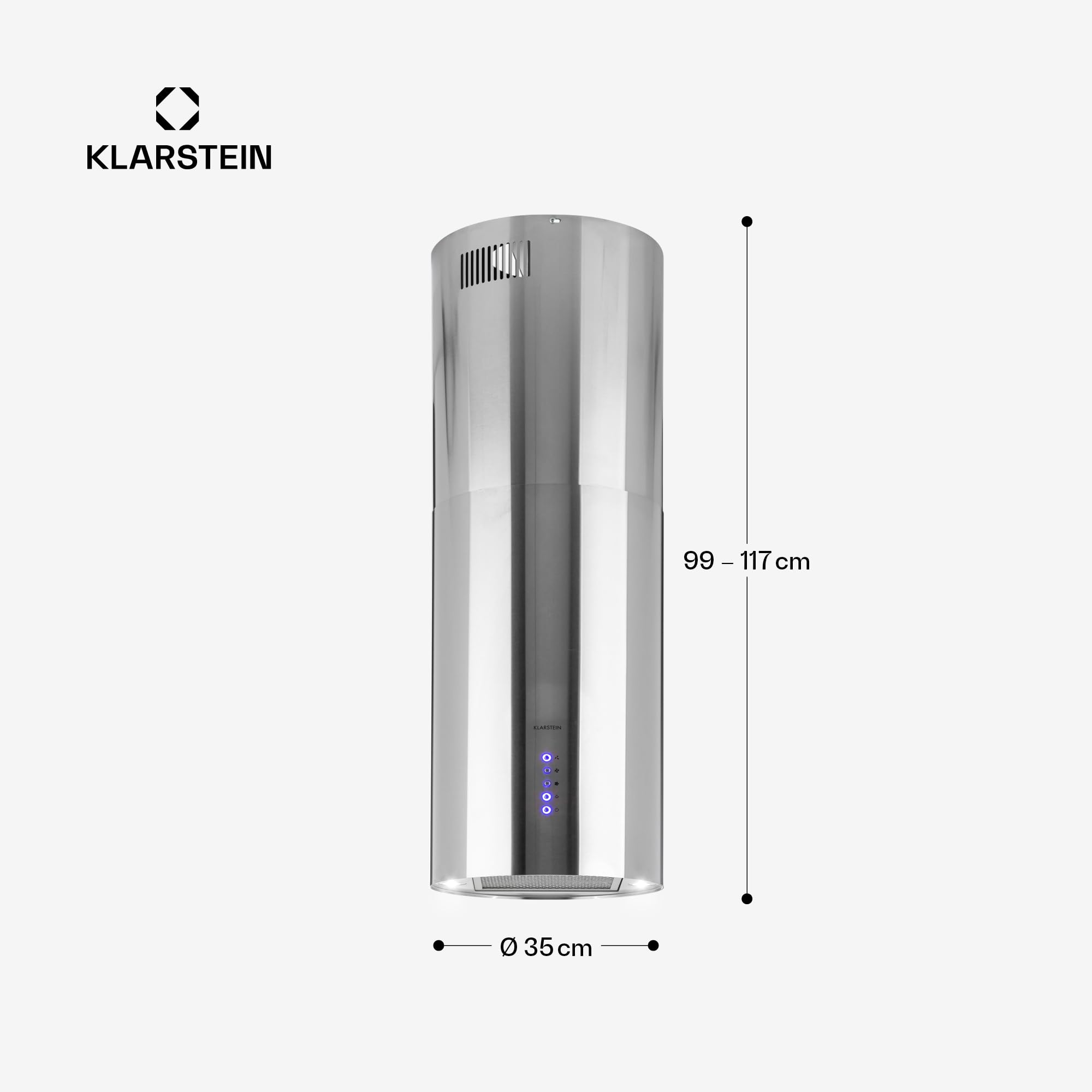 Klarstein Okap kuchenny, Okap wyspowy wiszący, wyciągowy/z recyrkulacją do montażu sufitowego, z 3 biegami, Timer, Przepływ powietrza 519m³/h i filtr węglowy