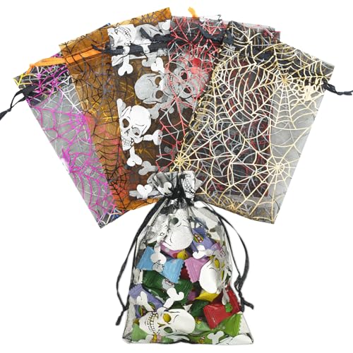 joycraft 4x6In Halloween Organza Bag - 50pcs Halloween Treat Bags with Drawstring, 5 Style Sheer Organza Party Favor Pouchs for Goody, Snacks, Chocolates, DIY Craft