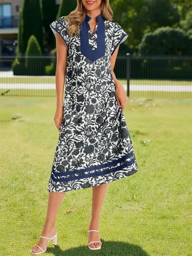 Image of Wenrine Womens Summer Floral Maxi Dress Casual Short Cap Sleeve V Neck Color Block Side Slit Loose Boho Beach Dresses