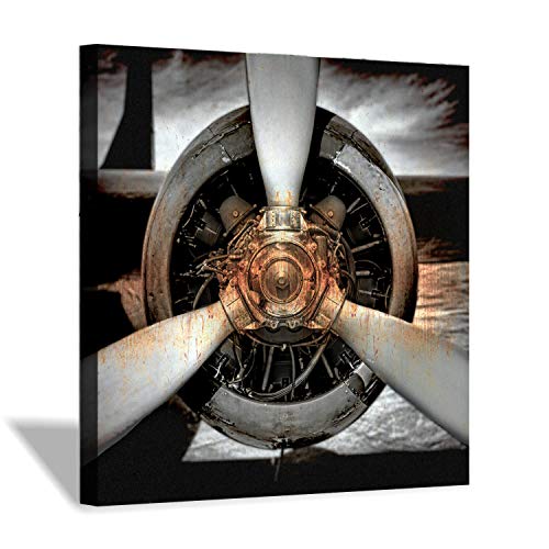 Hardy Gallery Aircraft Propeller Canvas Artwork Painting: Vintage Airplane Engine Wall Art Print Pictures For Living Room (36'' X 36'' X 1 Panel) #TOP19