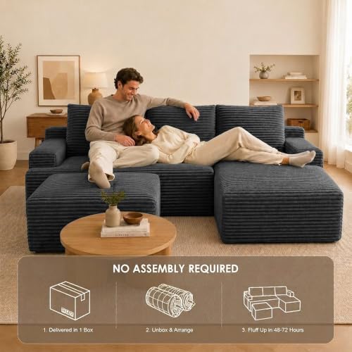 Image of Boneless Couch, Modular Sectional Couches for Living Room, U-Shaped Cloud Couch Sofa with Deep Seat, Fluffy Corduroy Upholstered Corner Sofa
