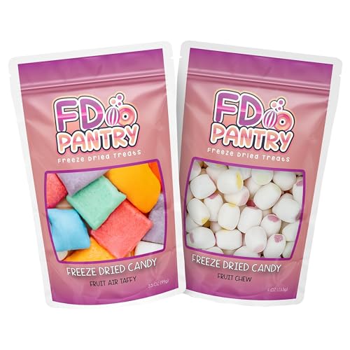Freeze Dried Fruit Chews 4oz + Air Taffy Crunch Candy 3.5oz - Variety Strawberry, Melon, Cherry, Green Apple, Mango, Grape, Raspberry, Orange Flavors - Resealable Gift Snacks