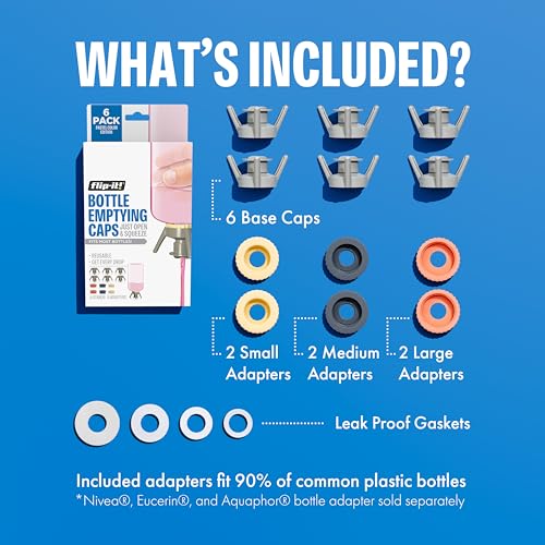 Image of Flip-It! Bottle Emptying Kit - 6 Bottle Pack - No more wasted product - Fits most plastic bottles - 6 Base Caps, 6 Adapters - Pastel Color Edition