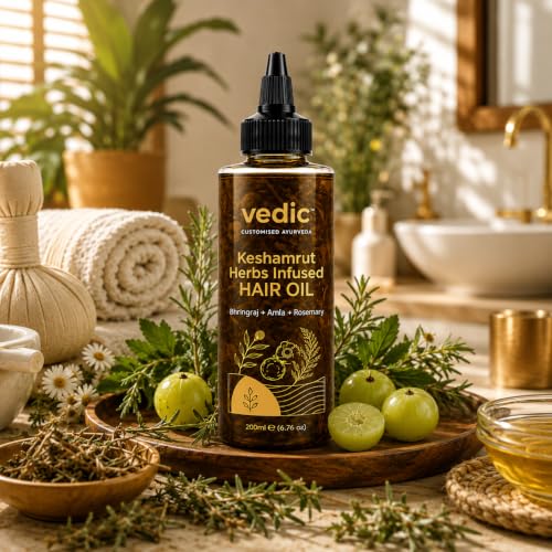 Image of Vedic Keshamrut Herbal Hair Oil with Bhringraj, Amla & Rosemary | Scalp & Hair Nourishing Oil for Regular Oiling & Conditioning | Men & Women | 200 ml
