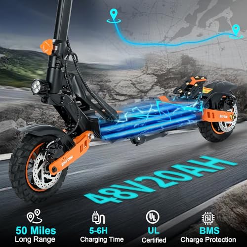 Electric Scooter Adults, 1600 W Motor Up to 50 Miles Range & 40 MPH Top Speed, 10″ Off Road Tire Folding E-Scooter with Detachable Seat for Teen Commuting (UL 2272tested)
