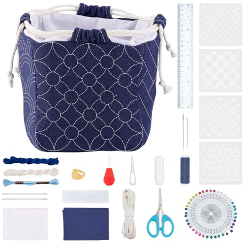 Kit Sashiko pour sac bento à cordon FREEBLOSS avec pochoir PET pour débutant