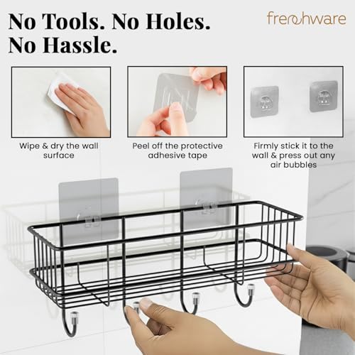 Image of Frenchware Self Adhesive Kitchen Shelf Organiser, Drill-Free Wall Rack | with Magic Stickers & 4 Hooks, Rust-Proof Storage Shelf for Bathroom, Black