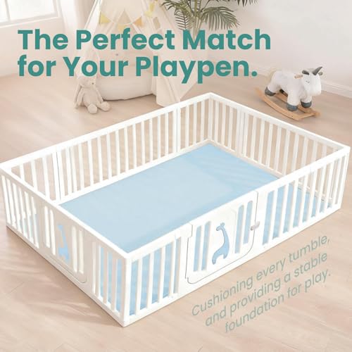Huloo Sleep Baby Play Mat for Floor,1.3" Thick Elasti-Foam 50"×74" Playpen Mat for Tummy Time,Water Repellent Soft Coral Velvet for Toddler,Infant,Kids,Non-Slip Backing Safe for Crawling(Light Blue) by Huloo Sleep - Used condition - Image 3