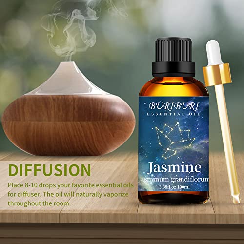 Image of BURIBURI Jasmine Essential Oil 100% Pure Undiluted Aromatherapy Jasmine Oil 100ML /3.38fl.oz for Soap, Candle Making, Massage, Diffuser, Humidifier