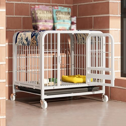 Pet Crate, dog Kennel, Cages for dogs Indoor, Heavy Duty Pet Cage with Wheels and Removable Tray, Skylight on Top, for Small/Medium/Large Pets(White,63 * 43 * 55cm)