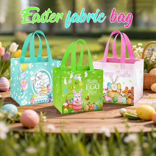 DECHISY 6 Stück Ostergeschenktüten, Vliesstoff-Ostertaschen für Kinder, fröhliche Eiersuche-Taschen mit Griffen, 21 x 15 x 20 cm, kleine Ostergeschenktüten für Osternparty