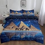 Juego de Cama Reversible con Funda nórdica y Fundas de Almohada Estampadas Pirámides Y Camellos Set de decoración de habitación Infantil y Juvenil 135 x 200 cm Azul Oscuro