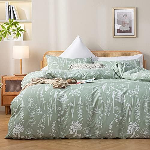 JANZAA Queen Comforter Set Bed in a Bag Queen Sage Green Comforter Queen Size Bedding Sets Queen Floral Comforter Sets for All Season with Fitted Sheet Flat Sheet Pillow Cases and Shams 7 Piece