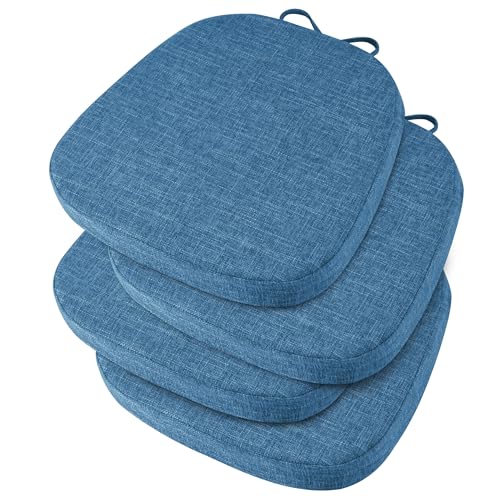 Image of OVOV 14x14 Chair Cushions for Metal Dining Chairs Set of 4 Blue | Non Slip, Washable Removable Cover with Ties, Textured, for Dining Room, Kitchen Cafes Bistro Patio, Stackable Chairs