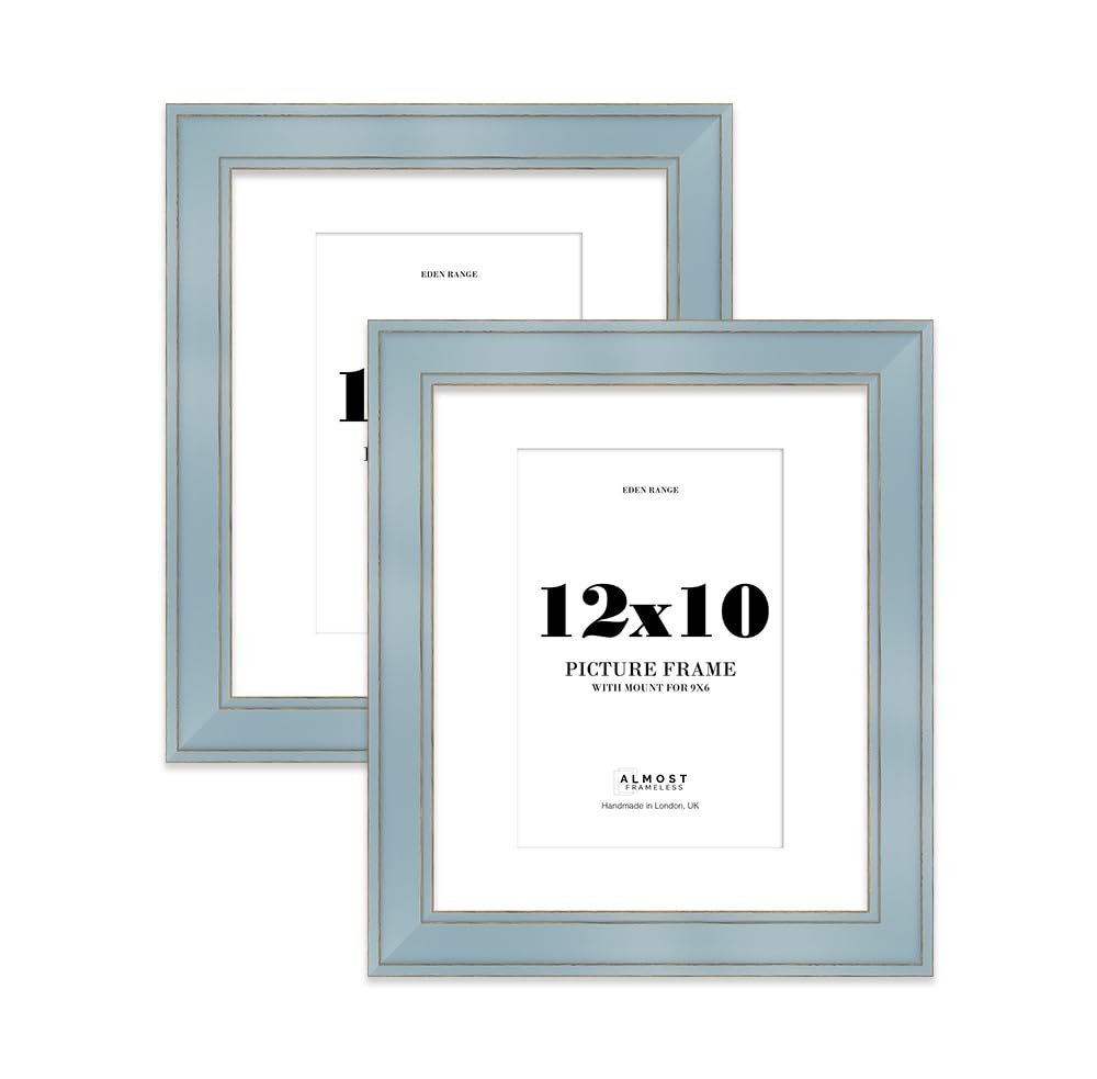 12x10" Cornflower Blue Picture Frame with 9x6" Mount - Shabby Chic Photo Frame with Distressed Finish, Gold Trim, Wall Hooks and Kickstand, 37mm Edge - 2 Pack