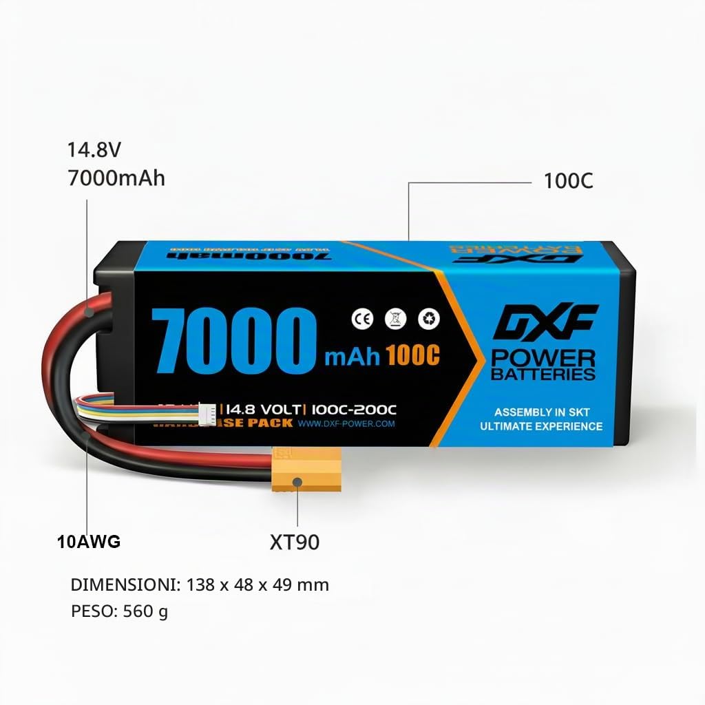 DXF 4S Lipo Batteria 14.8V 100C 7000mAh con Spina XT90 Batteria RC per Auto Camion Serbatoio RC Buggy Truggy Racing Hobby (2 pezzi)