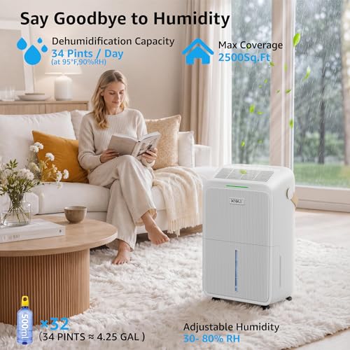 Image of KNKA 2500 Ft Max 34 Pints Dehumidifier for Basement with Drain Hose, White | Dehumidifiers for Home, Bedroom, Bathroom, Large Room, Three Modes, Intelligent Humidity Control, Dry Clothes, 24HR Timer
