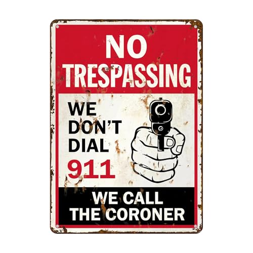 SmartSign 35 x 25 cm "We Don't Dial 911, We Call The Coroner" zabawny znak bez wtargnięcia z grafiką broni, laminowane nierdzewne aluminium, retro/vintage, wielokolorowy, wyprodukowano w USA
