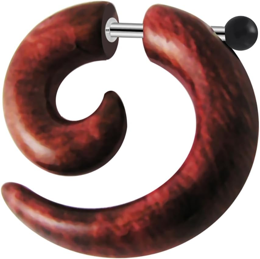 Brown Wood Pattern Spiral UV Acrylic with 16 Gauge 316L Surgical Steel Fake Ear plug - Fauxs Plug - Gauge Earring Body Piercing Jewelry