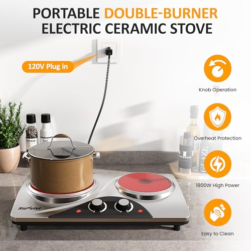 Image of Sunvivi 1800W Dual Burner Portable Electric Ceramic Stove - Knob Control, Indicator Light, Compatible with All Cookware, Ideal for Multiple Cooking Scenarios, Silver