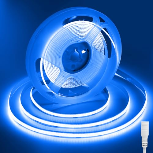 Image of ShineBurky 5M Blue COB Strip Light, 12V Cuttable LED Tape Lights, CRI93+ High Bright Flexible Self Adhesive Lights for Teen Boys Gaming Room Monitor Bedroom TV Backlight Bar Ceiling Decor (No Plug)
