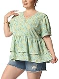  Agnes Orinda Chemisier Grande Taille pour Femme Floral Layered Flare Hem Casual Peplum Tops Vert Jaune XL