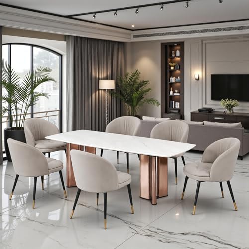 Image of The Attic Modern Crest 6 Seater Dining Set,Cream,Rose Gold & Cream,160Cms